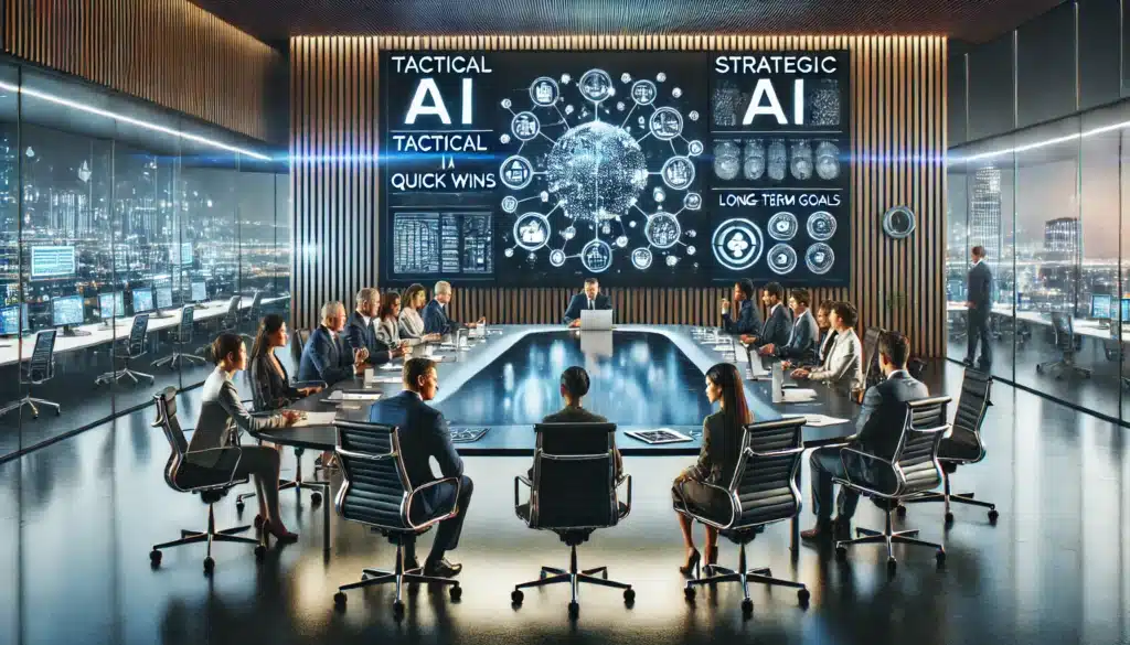 A photorealistic image of a modern boardroom where a diverse group of executives is engaged in strategic planning. The digital screen behind them shows an AI-driven strategy map, with icons representing Tactical AI (quick wins) and Strategic AI (long-term goals) interconnected. The room exudes a high-tech, forward-thinking atmosphere.