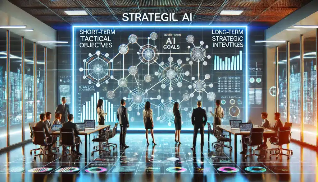 A photorealistic image of a large touchscreen display or holographic interface in an office setting, showcasing a complex framework for Strategic AI. The framework includes nodes and pathways representing various business goals and AI-driven strategies. The interface should show a long-term plan for AI integration, with clear distinctions between short-term tactical objectives and long-term strategic initiatives.