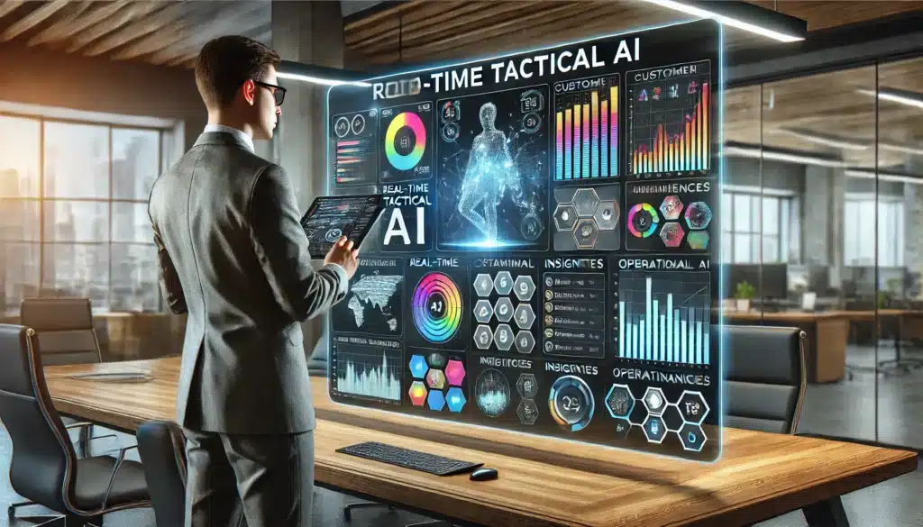 A photorealistic image of a business professional interacting with a digital dashboard displaying Tactical AI analytics in real-time. The dashboard should feature charts, graphs, and insights related to customer behavior and operational efficiencies, showing the immediate impact of Tactical AI. The professional should be actively engaged, analyzing the data on a touchscreen or tablet.