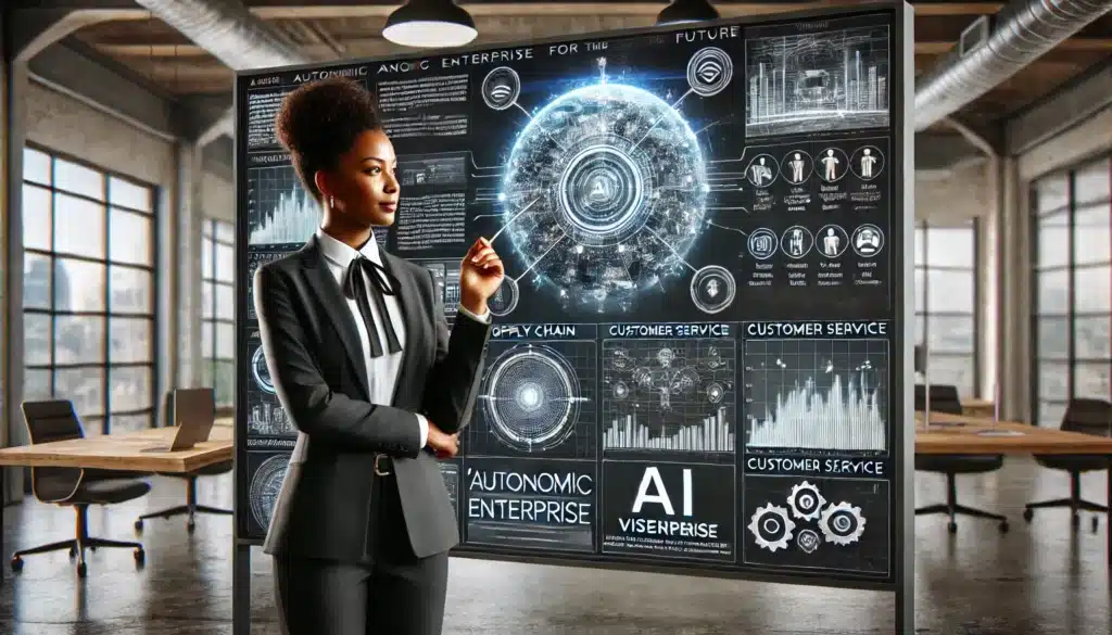 A photorealistic image of a senior executive standing in front of a large digital display, presenting an AI vision for the future. The display shows a futuristic concept of an Autonomic Enterprise, with AI-driven technologies managing various business functions autonomously. The executive appears confident, pointing to different elements on the screen, symbolizing leadership in AI strategy.